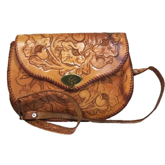 Vintage 70s Tooled Leather Shoulder Bag Hibiscus Floral - Picture 16 of 16
